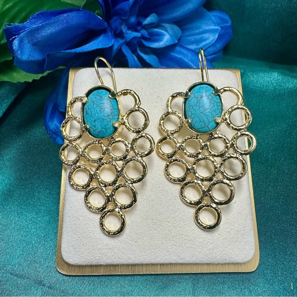Turquoise Gold Drop Earrings – Handmade Boho Statement Jewelry NWT - Picture 1 of 9
